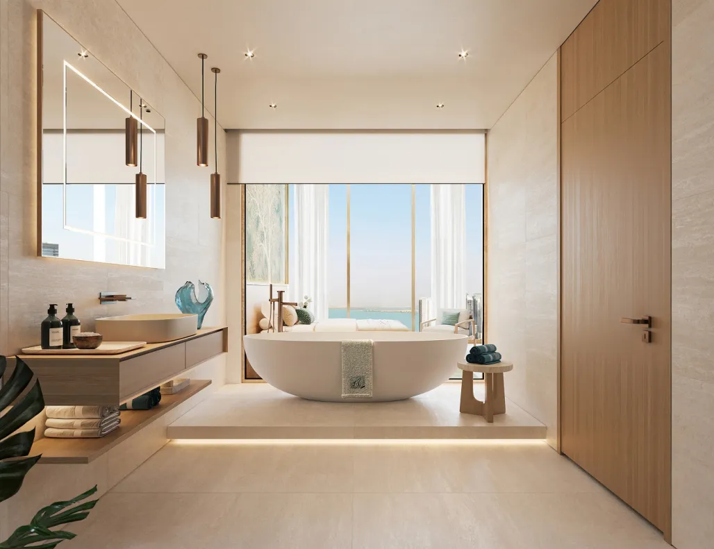 Bathroom with a freestanding tub and timber vanity at Bab Al Qasr Residence 77