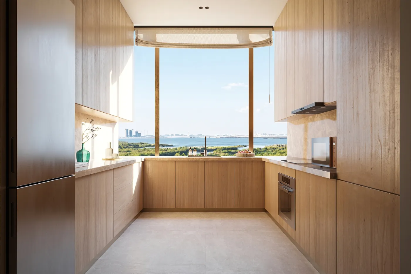 Timber-lined kitchen with a picture window at Bab Al Qasr Residence 77