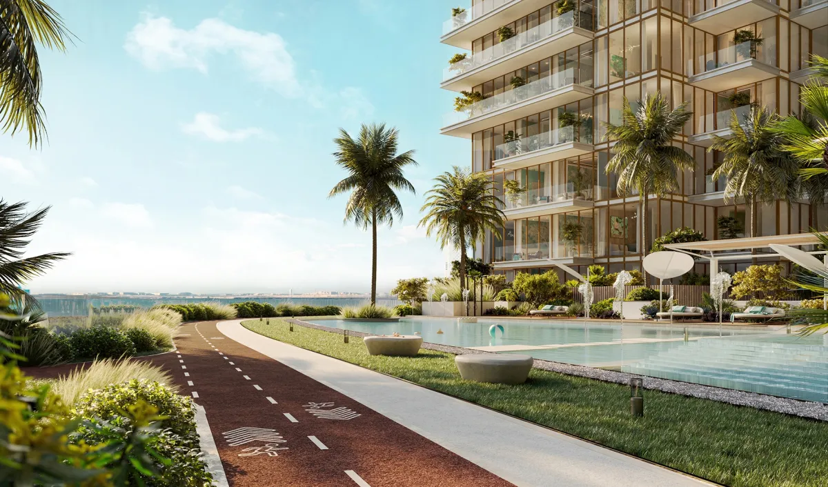 Landscaped running track beside the pool deck at Bab Al Qasr Residence 77
