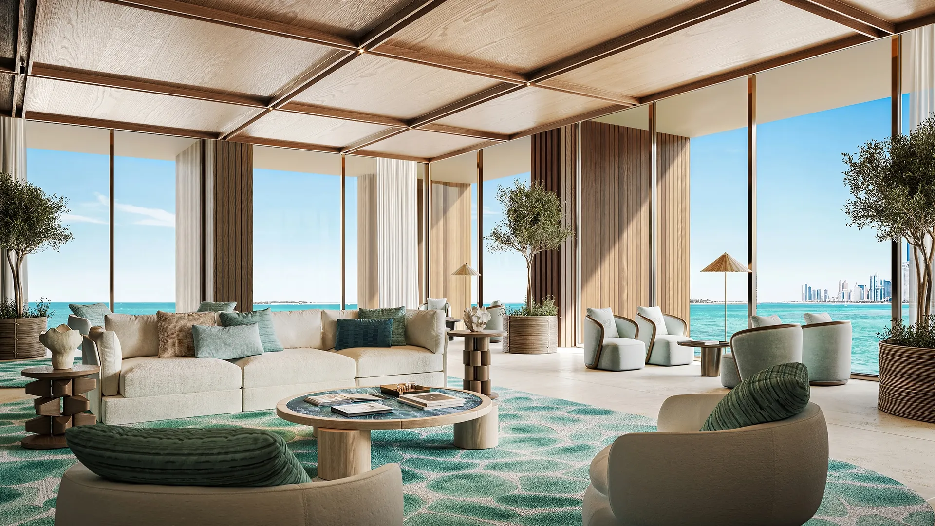 Sea-view living lounge with floor-to-ceiling glazing at Bab Al Qasr Beach Resort 77