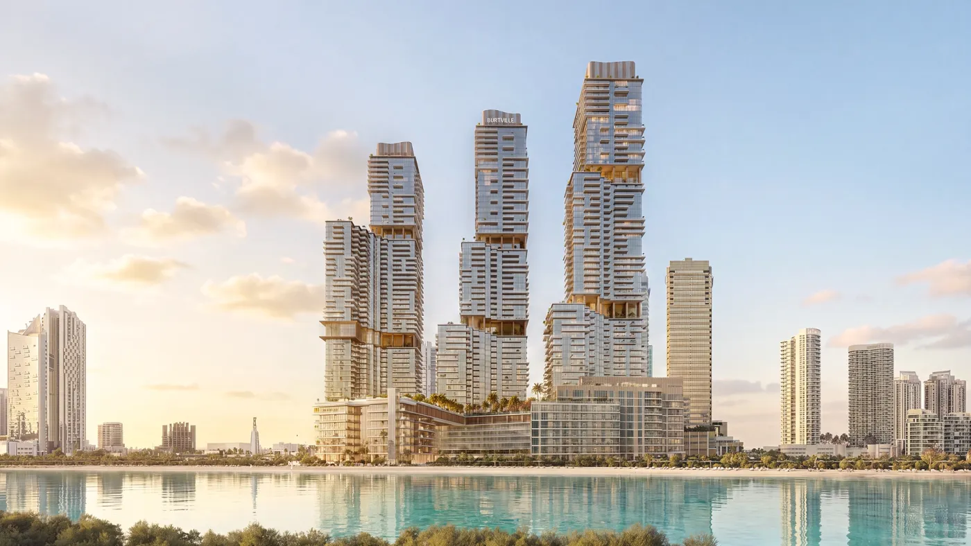 The three towers of Bab Al Qasr Beach Resort Residence 77 rising above the beach and lagoon on Al Reem Island, Abu Dhabi