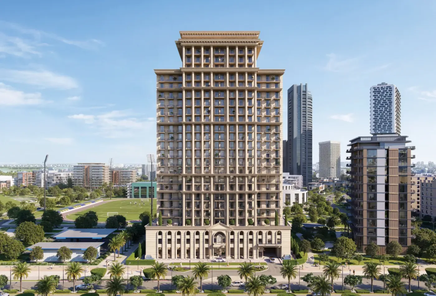 Bab Al Qasr tower on Al Reem Island, Abu Dhabi — French-inspired stone facade above a colonnaded podium