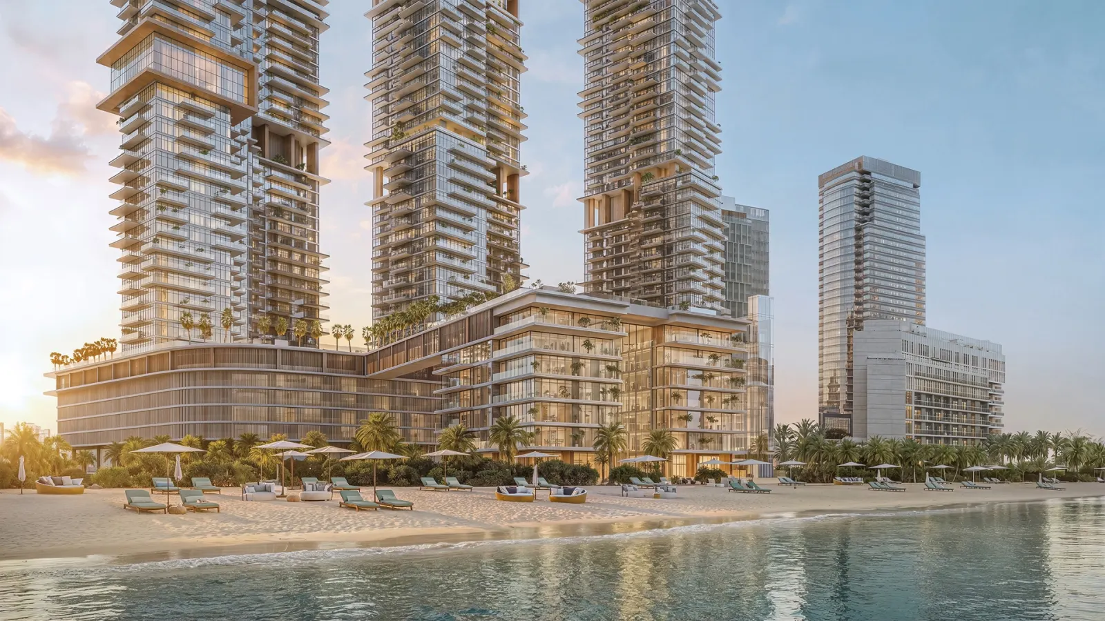 Bab Al Qasr Reem Island towers above the beach and podium