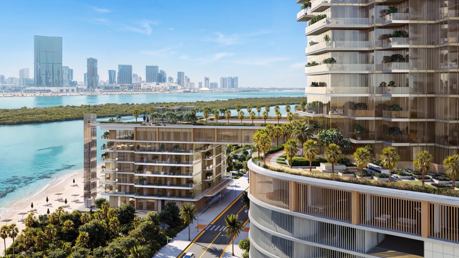 Aerial view of the landscaped podium terraces at Bab Al Qasr Residence 77 with the Abu Dhabi skyline