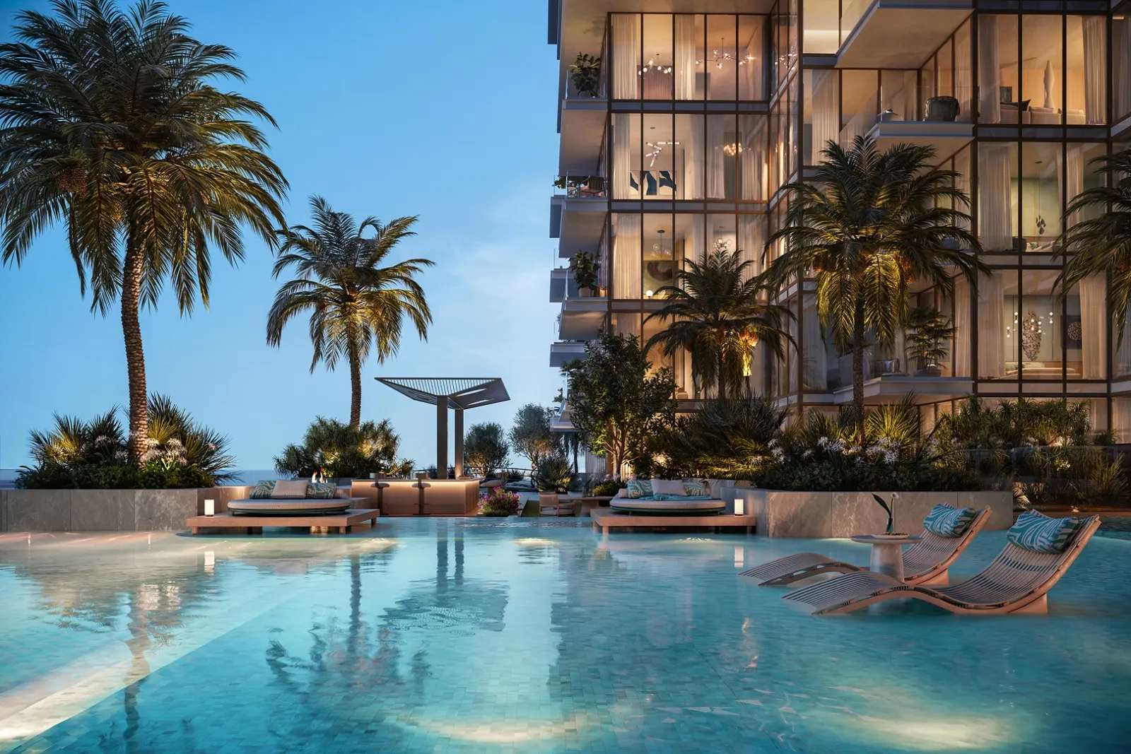 Pool and cabanas at Bab Al Qasr Beach Resort Residence 77