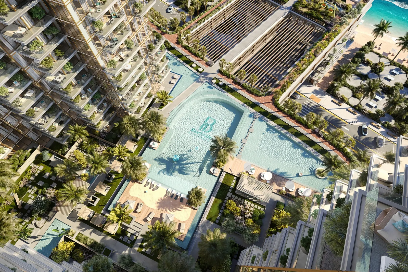 Aerial view of the pool deck and gardens at Bab Al Qasr Residence 77
