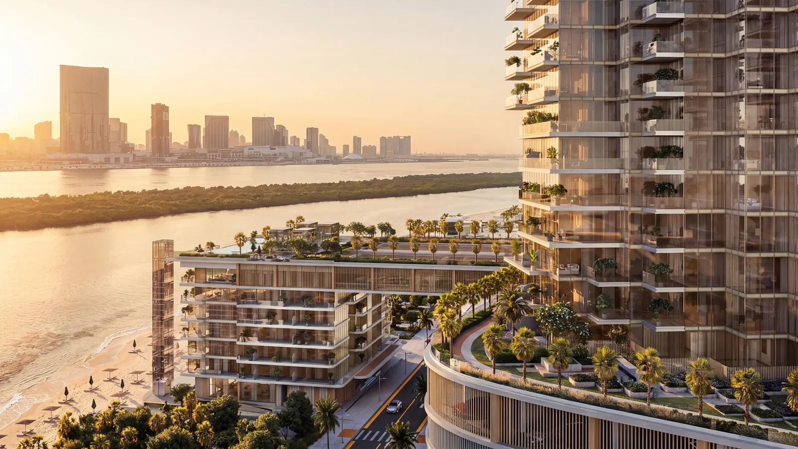 Planted terraces at sunset