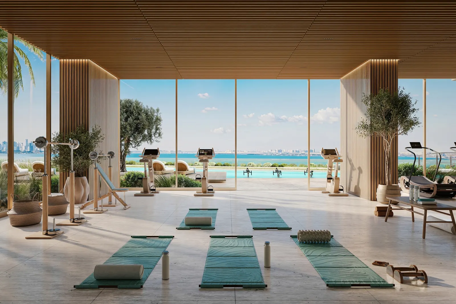 Yoga studio with floor-to-ceiling sea views at Bab Al Qasr Residence 77